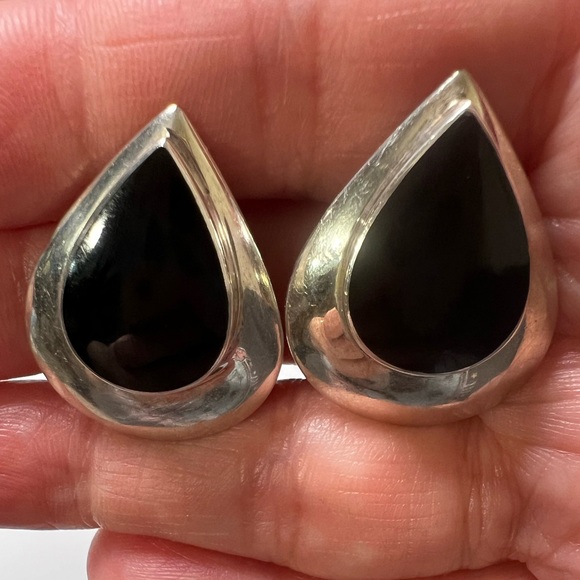 Onyx Teardrop Sterling Silver 925 Clip-on Earrings - Picture 1 of 4